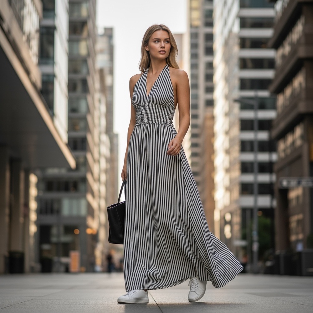 Judith March Black and White Striped Maxi Dress